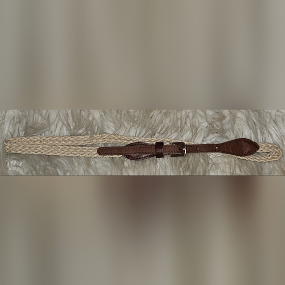 Accessories - Braided Rope Belt w/ Brown Faux Leather Buckle Detail 33.5" Boho Woven Belt